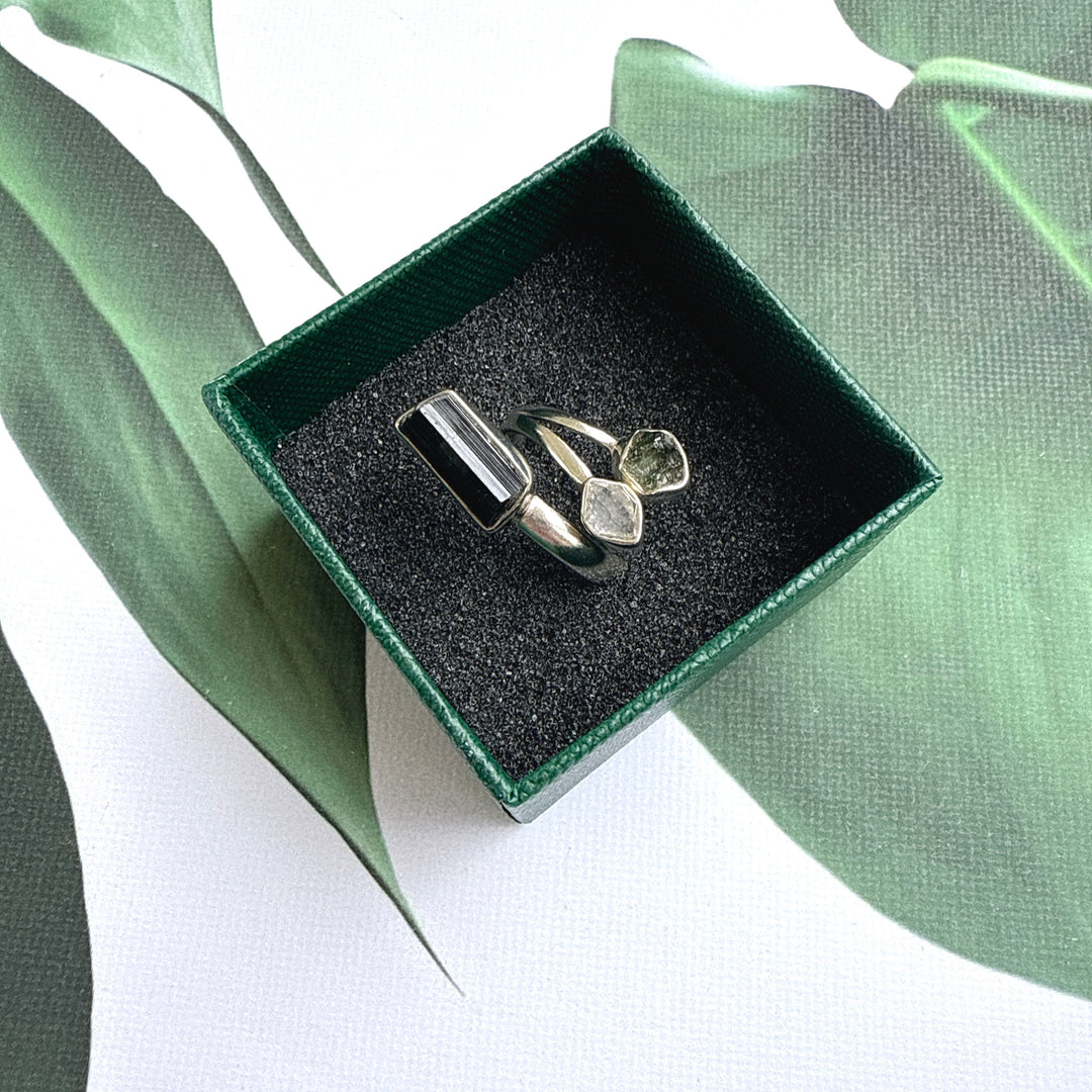 Moldavite, Herkimer & Black Tourmaline Ring