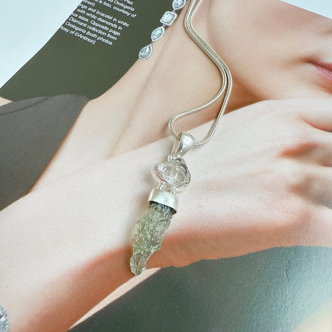 MOLDAVITE & HERKEMIER DIAMOND PENDANT