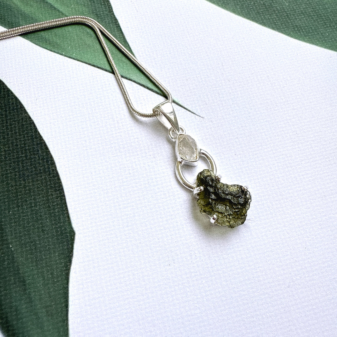 Moldavite & Herkimer Pendant
