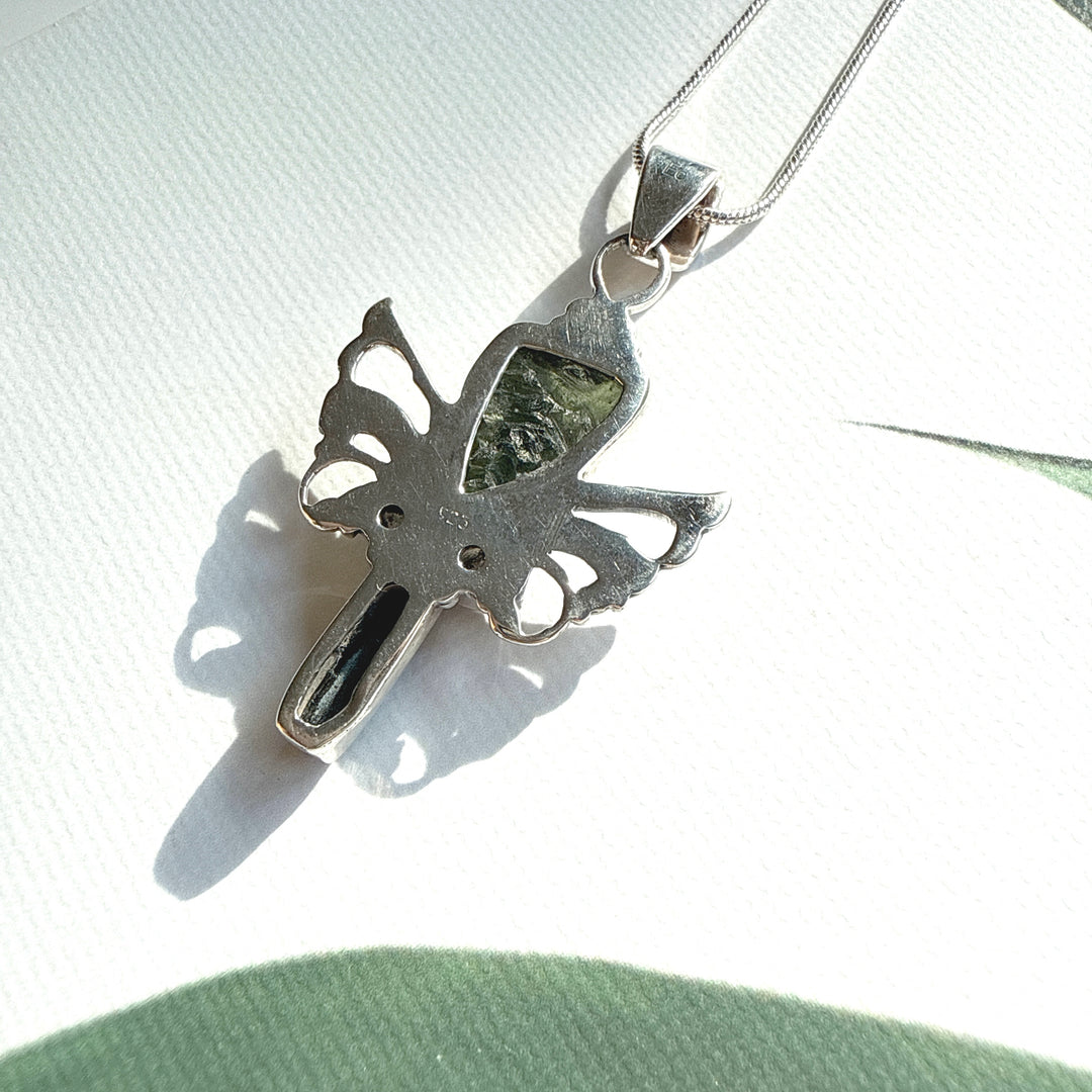 Moldavite, Herkimer Diamond & Black Tourmaline Pendant