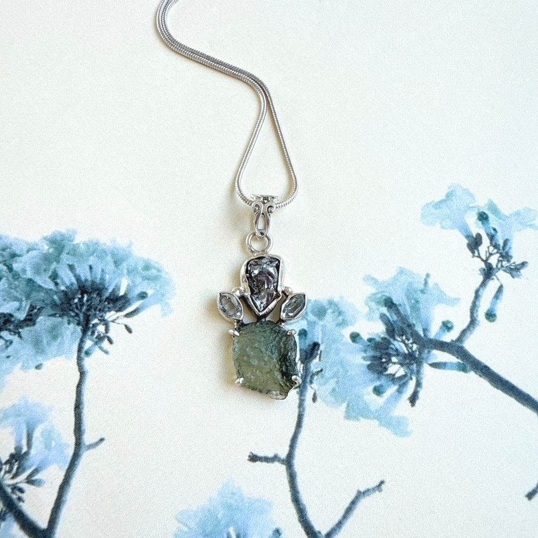 MOLDAVITE, HERKIMER DIAMOND, METEORITE CAMPO DEL CIELO PENDANT