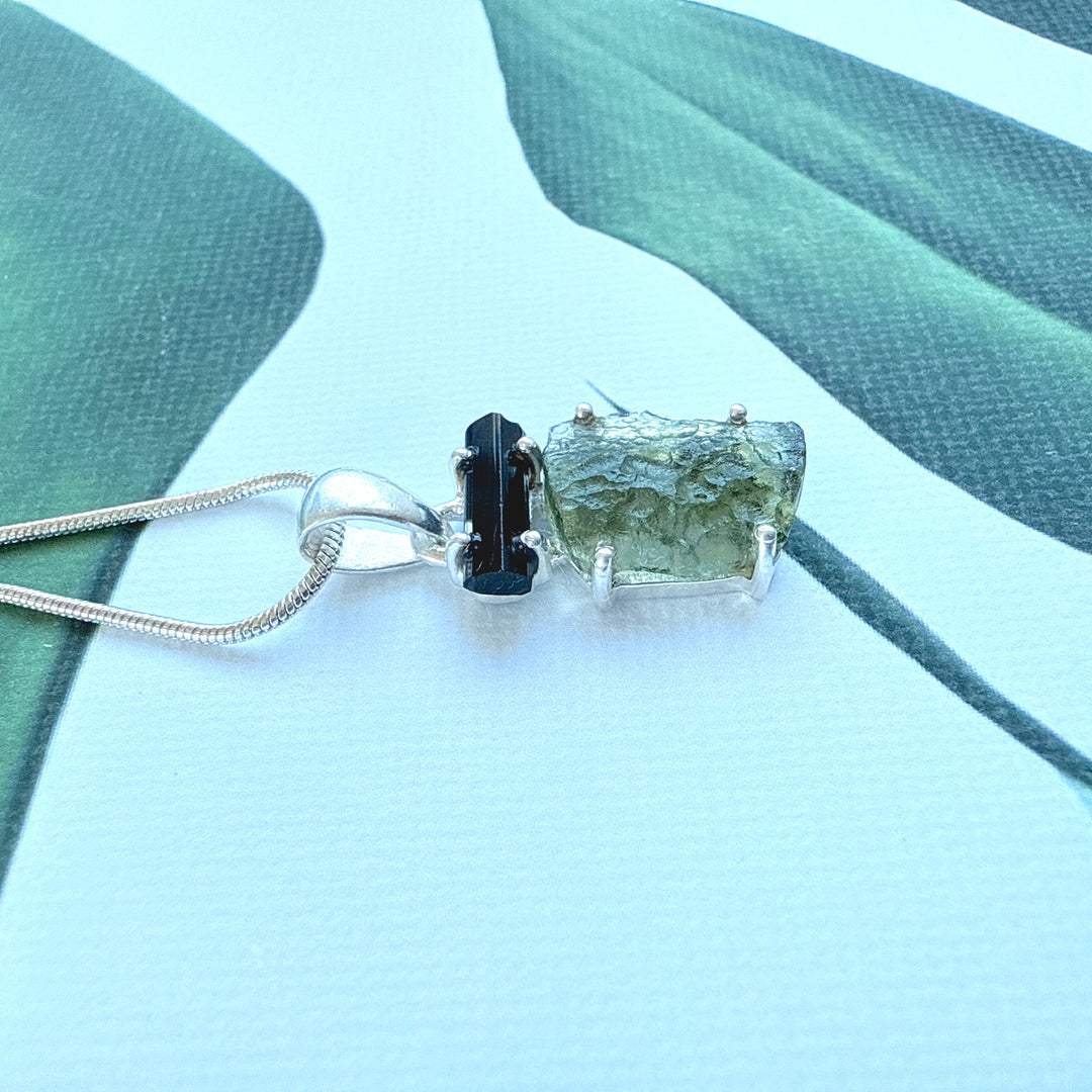 MOLDAVITE & BLACK TOURMALINE PENDANT