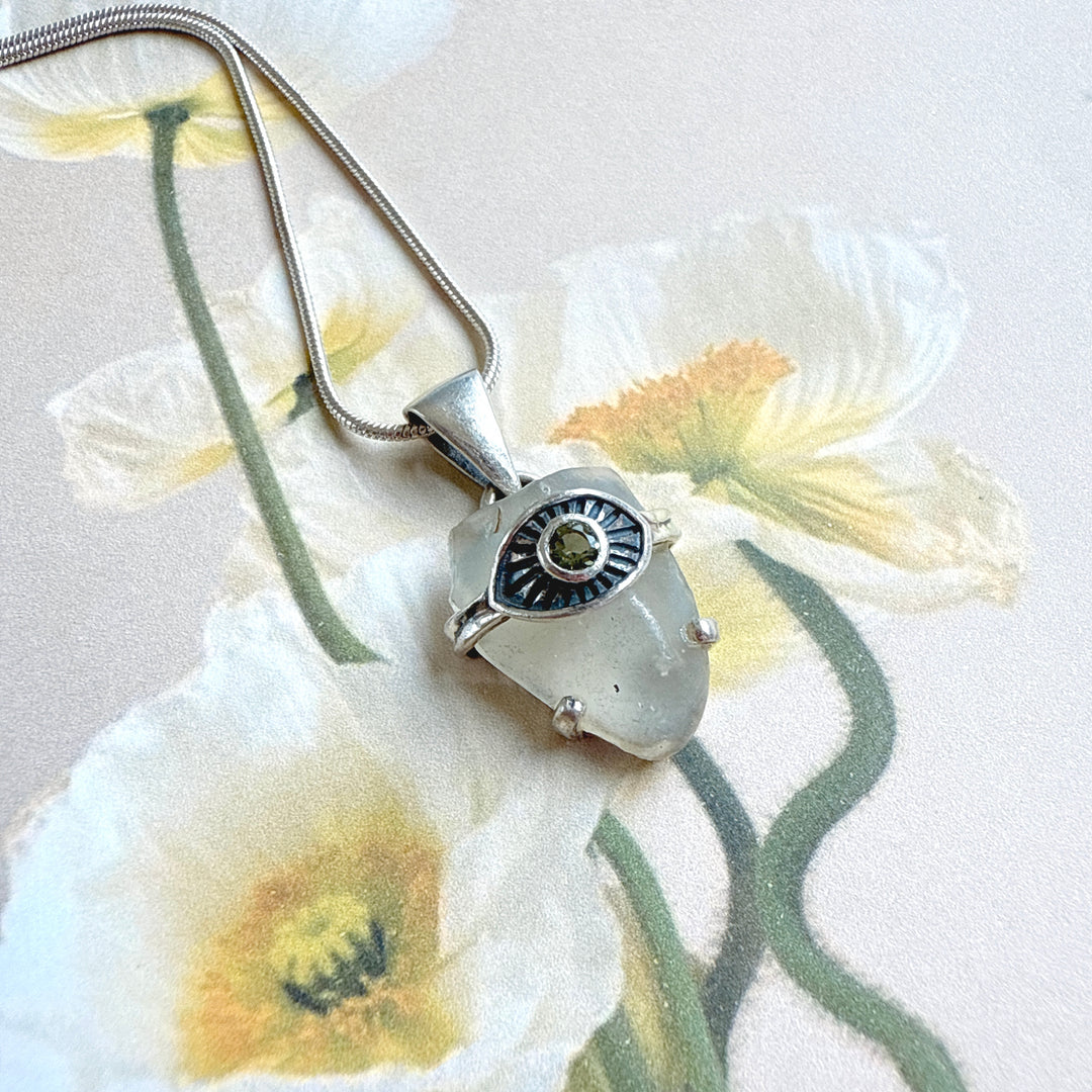 Faceted Moldavite and Libyan Desert Evil Eye Pendant