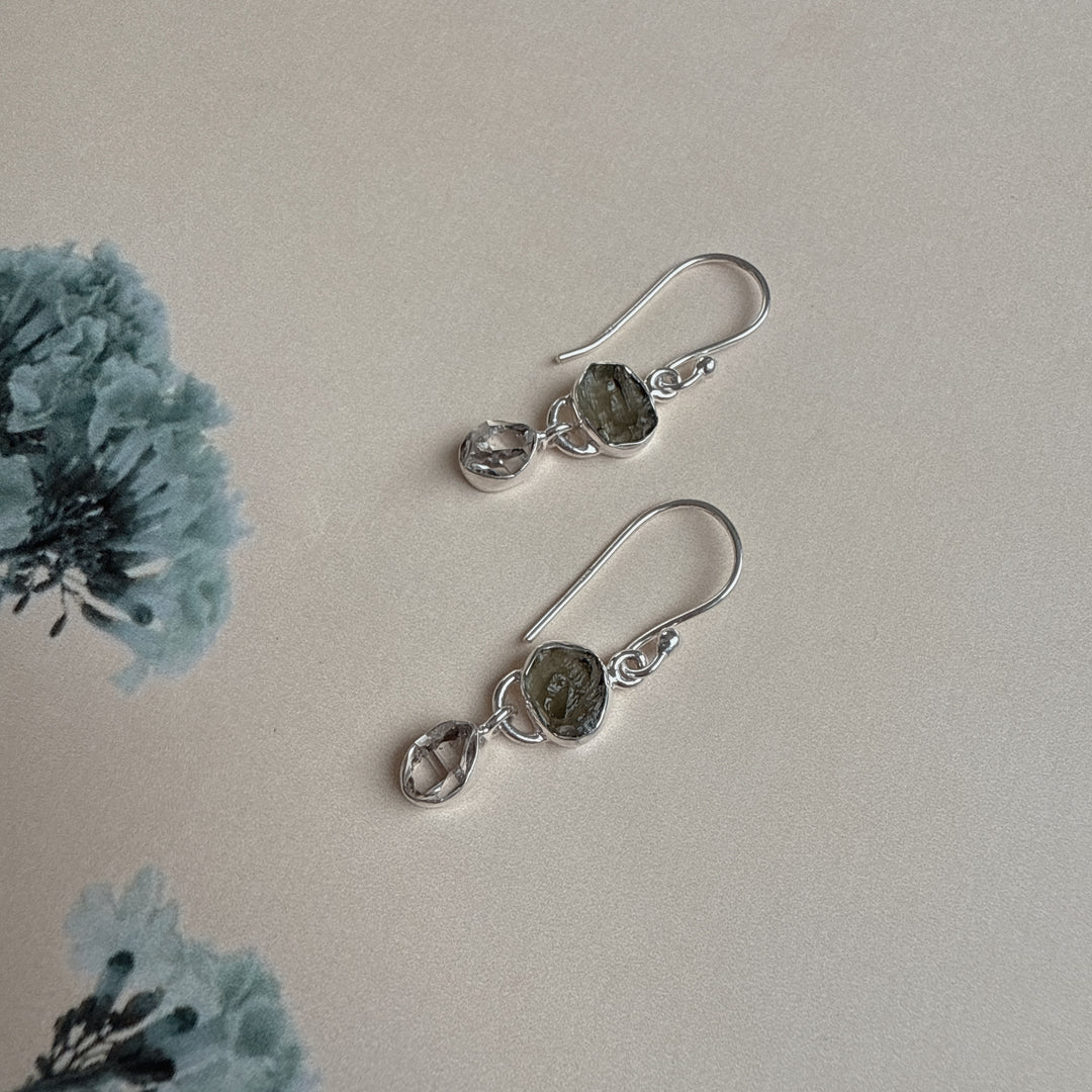 Moldavite & Herkemir Diamond Earrings