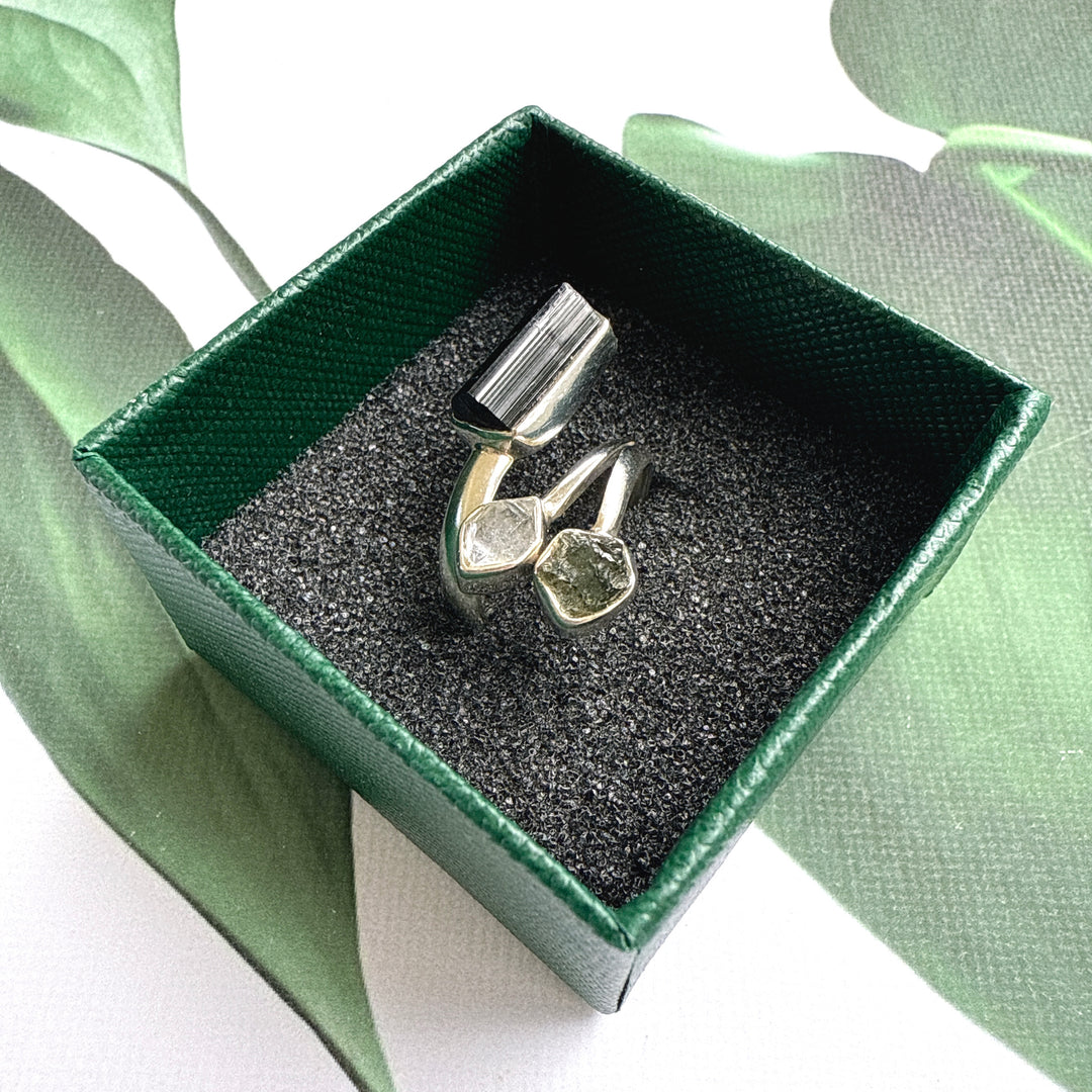 Moldavite, Herkimer & Black Tourmaline Ring
