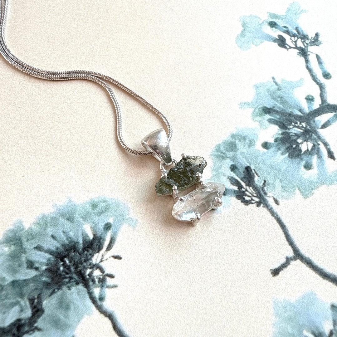 MOLDAVITE & HERKEMIER DIAMOND PENDANT