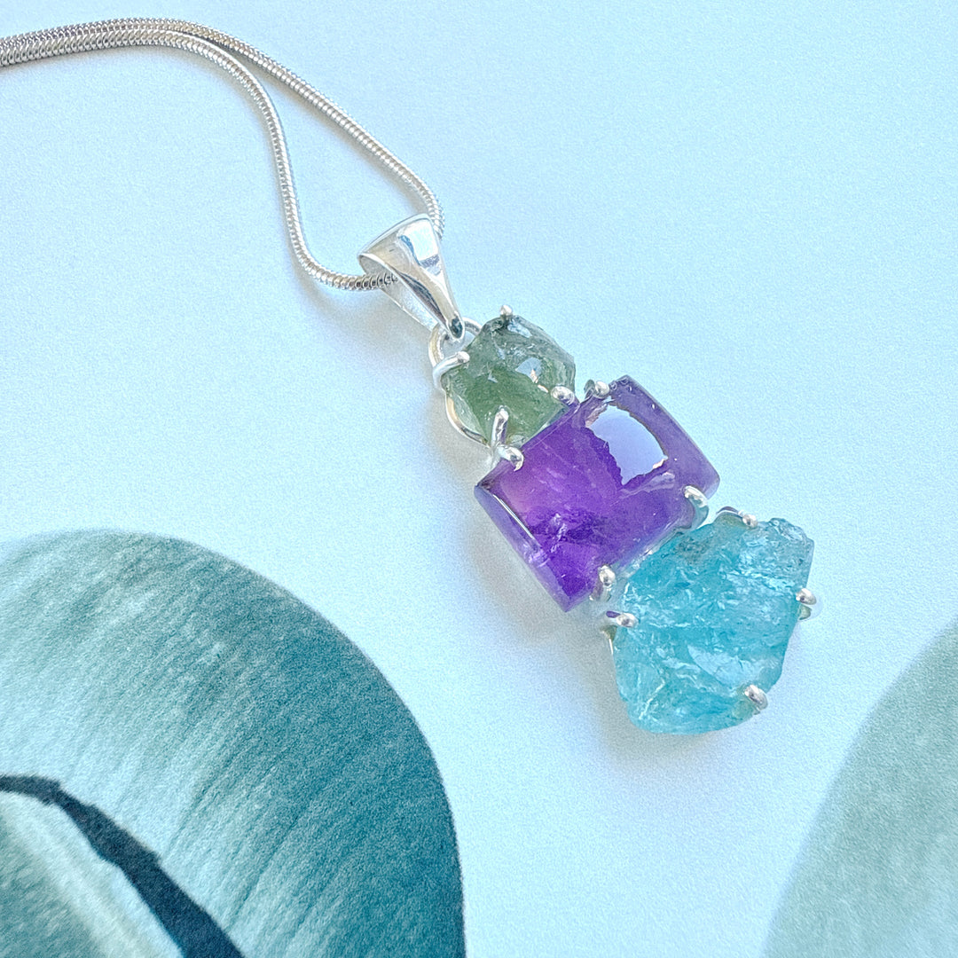 Moldavite,
Amethyst & Neon Blue Apatite Pendant