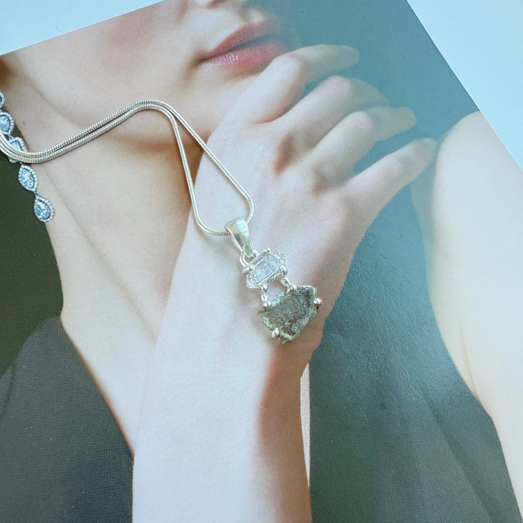 MOLDAVITE & HERKEMIER DIAMOND PENDANT