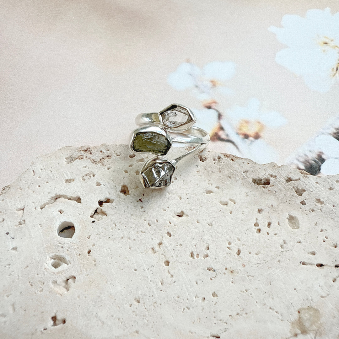 MOLDAVITE, HERKIMER DIAMOND & CAMPO DEL CIELO RING