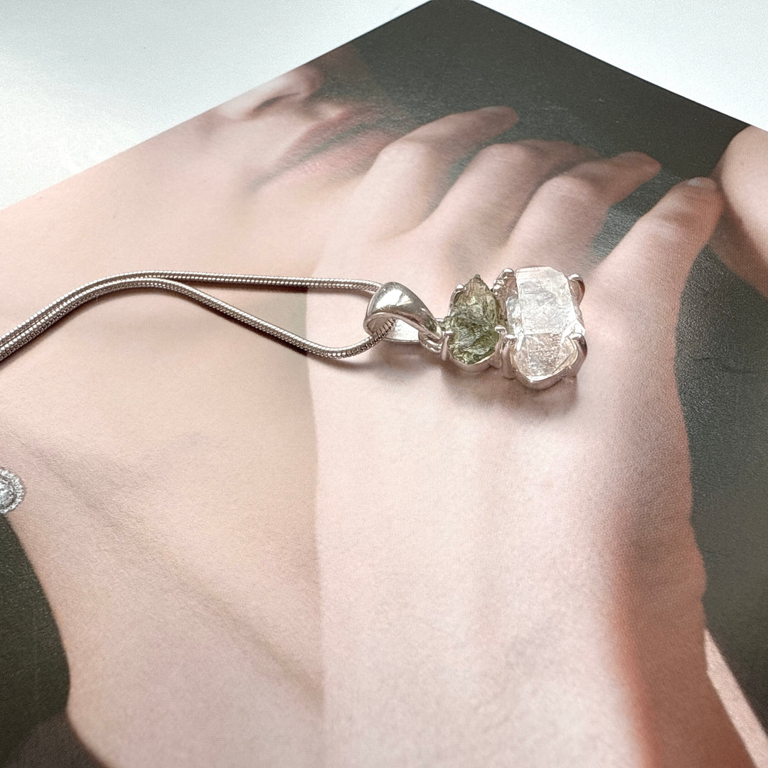 MOLDAVITE & HERKEMIER DIAMOND PENDANT