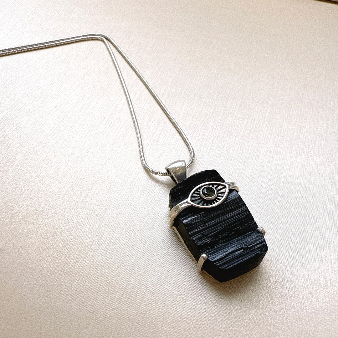 Moldavite Faceted & Black Tourmaline Evil Eye Pendant