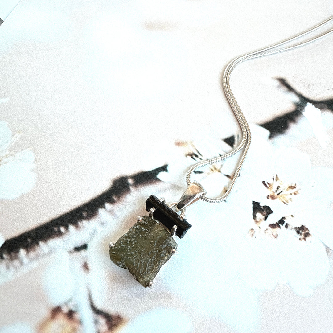 MOLDAVITE & BLACK TOURMALINE PENDANT