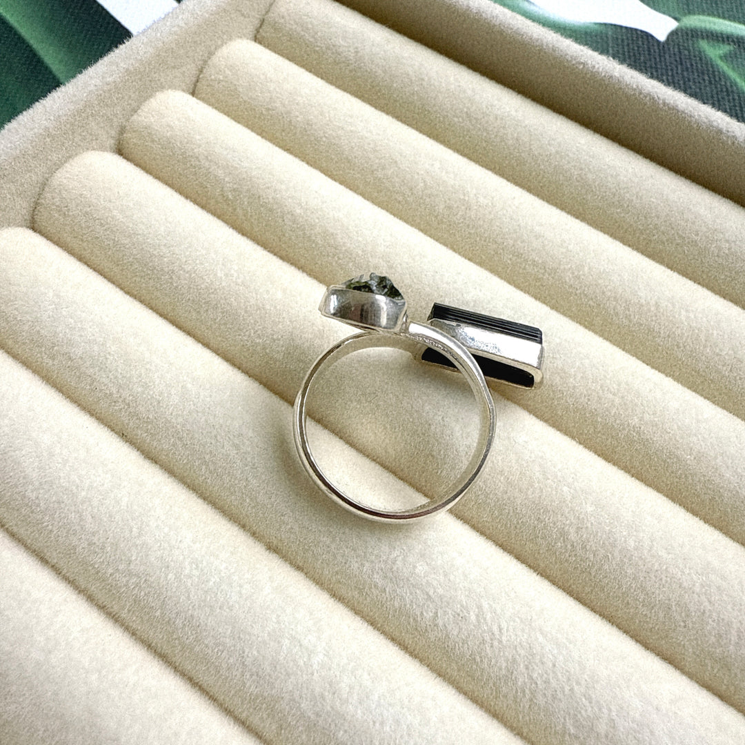 Moldavite, Herkimer & Black Tourmaline Ring