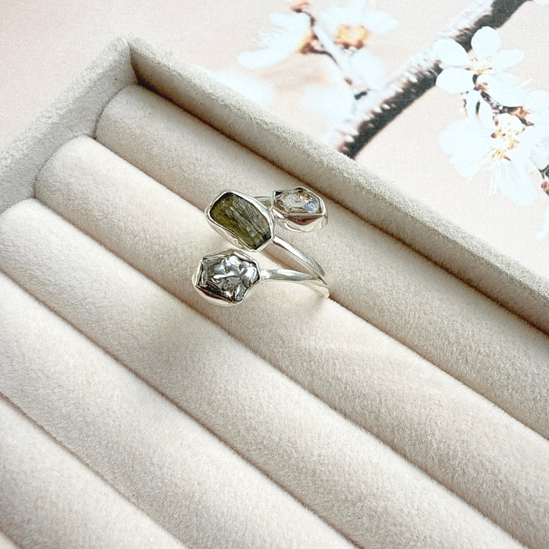 MOLDAVITE, HERKIMER DIAMOND & CAMPO DEL CIELO RING