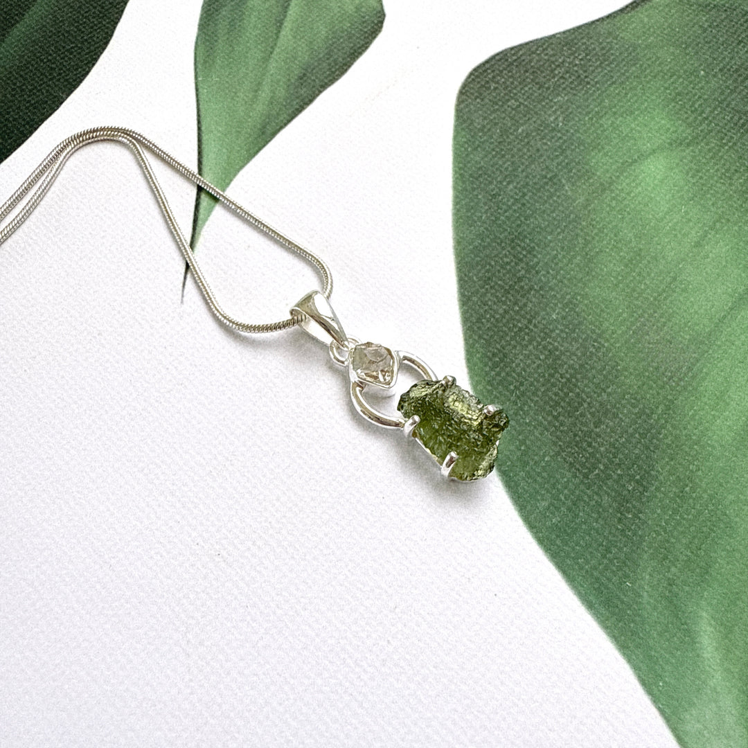Moldavite & Herkimer Pendant