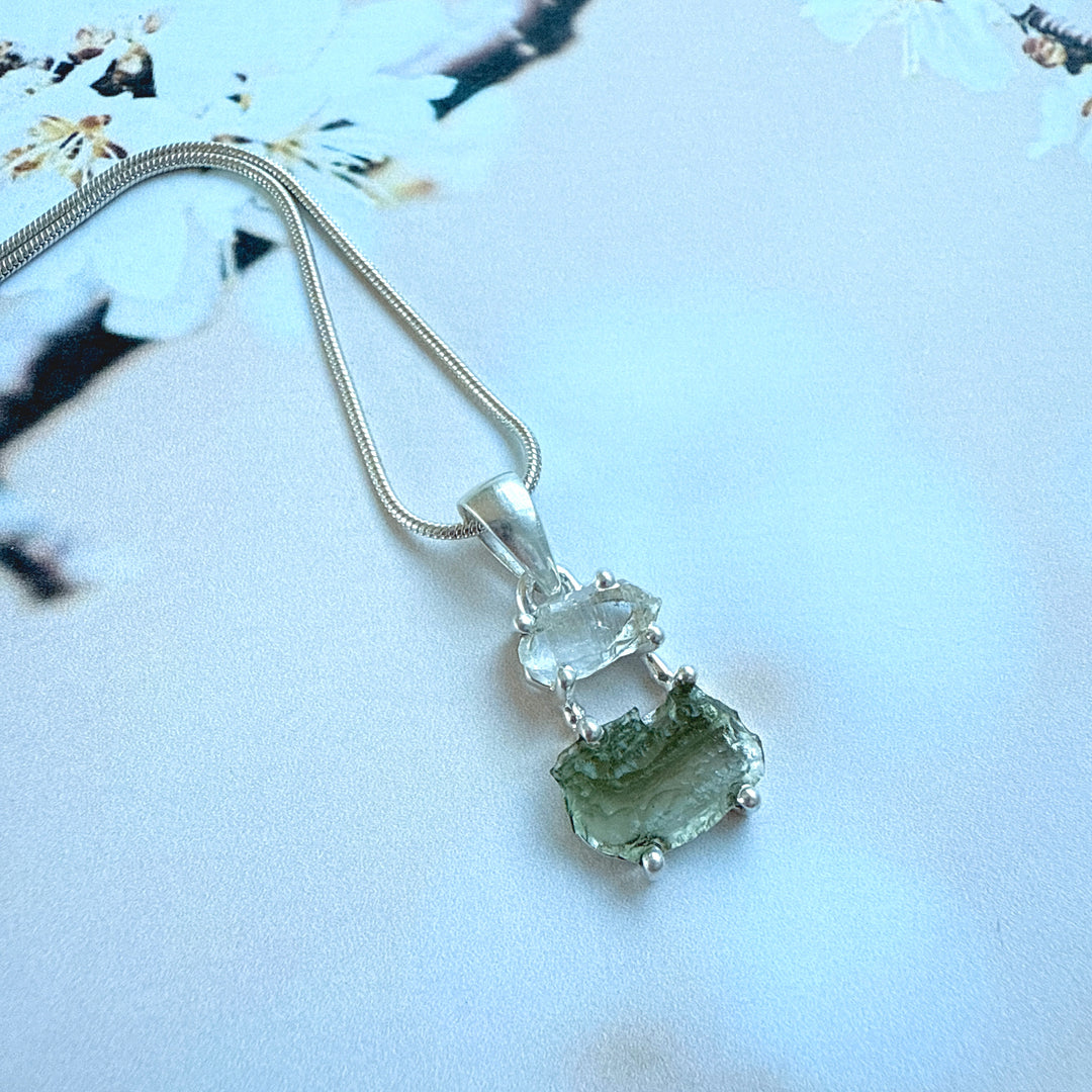 MOLDAVITE & HERKEMIER DIAMOND PENDANT