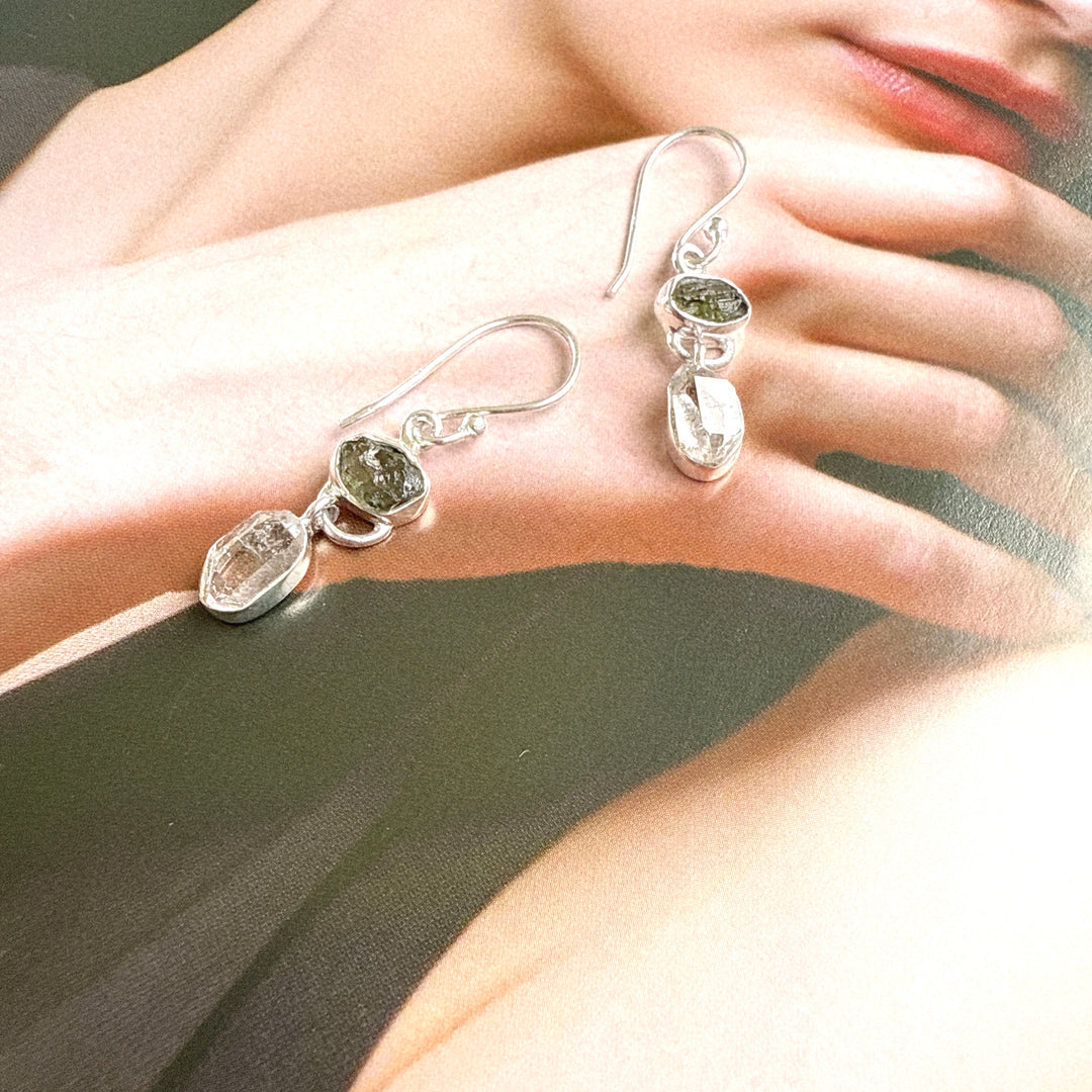 Moldavite & Herkemir Diamond Earrings