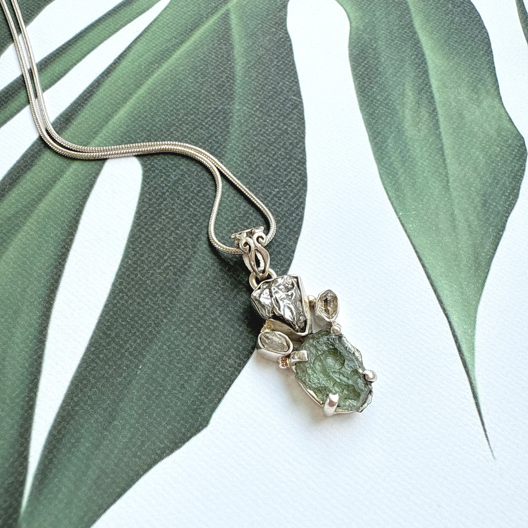 MOLDAVITE, HERKIMER DIAMOND, METEORITE CAMPO DEL CIELO PENDANT