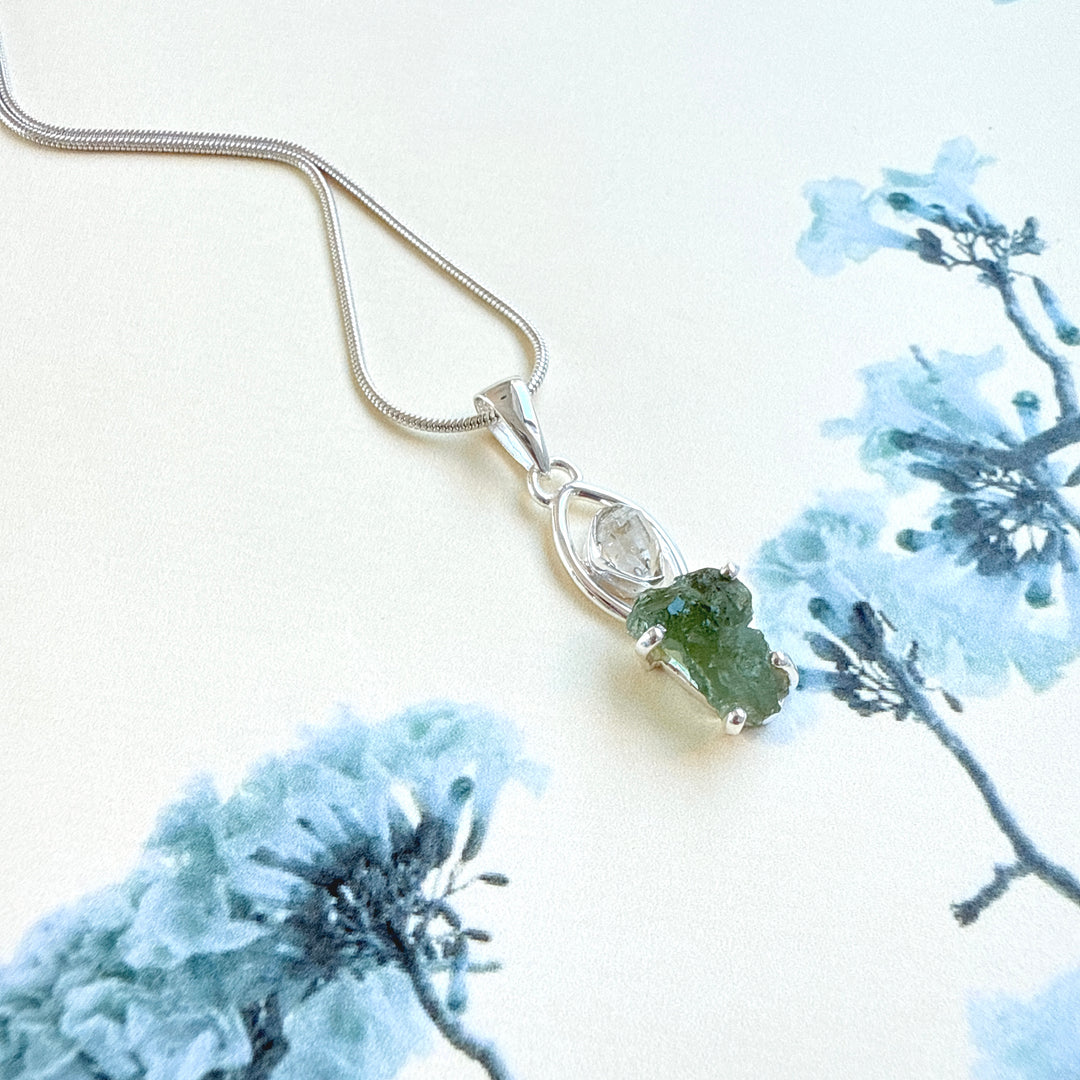MOLDAVITE & HERKEMIER DIAMOND PENDANT