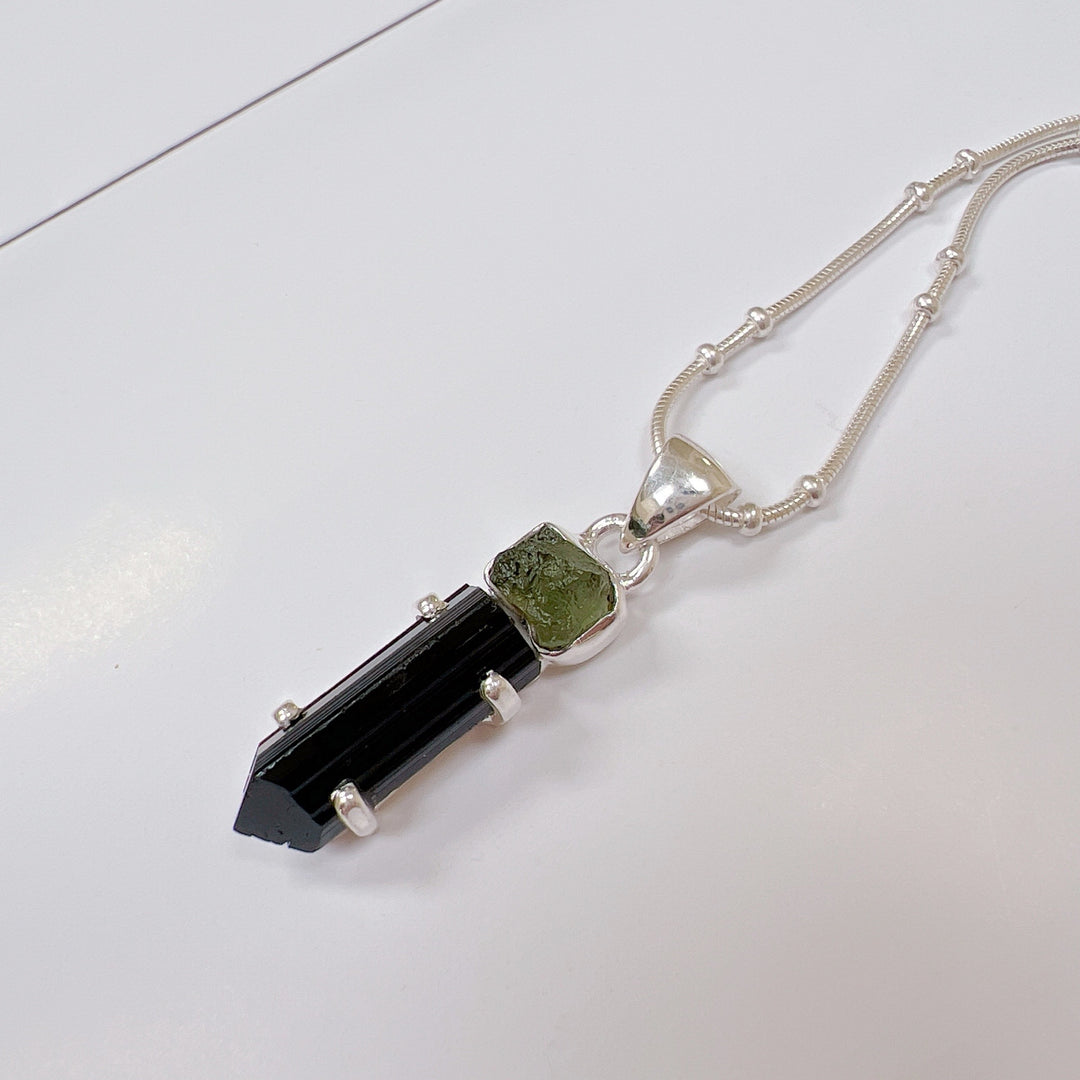 MOLDAVITE & BLACK TOURMALINE PENDANT