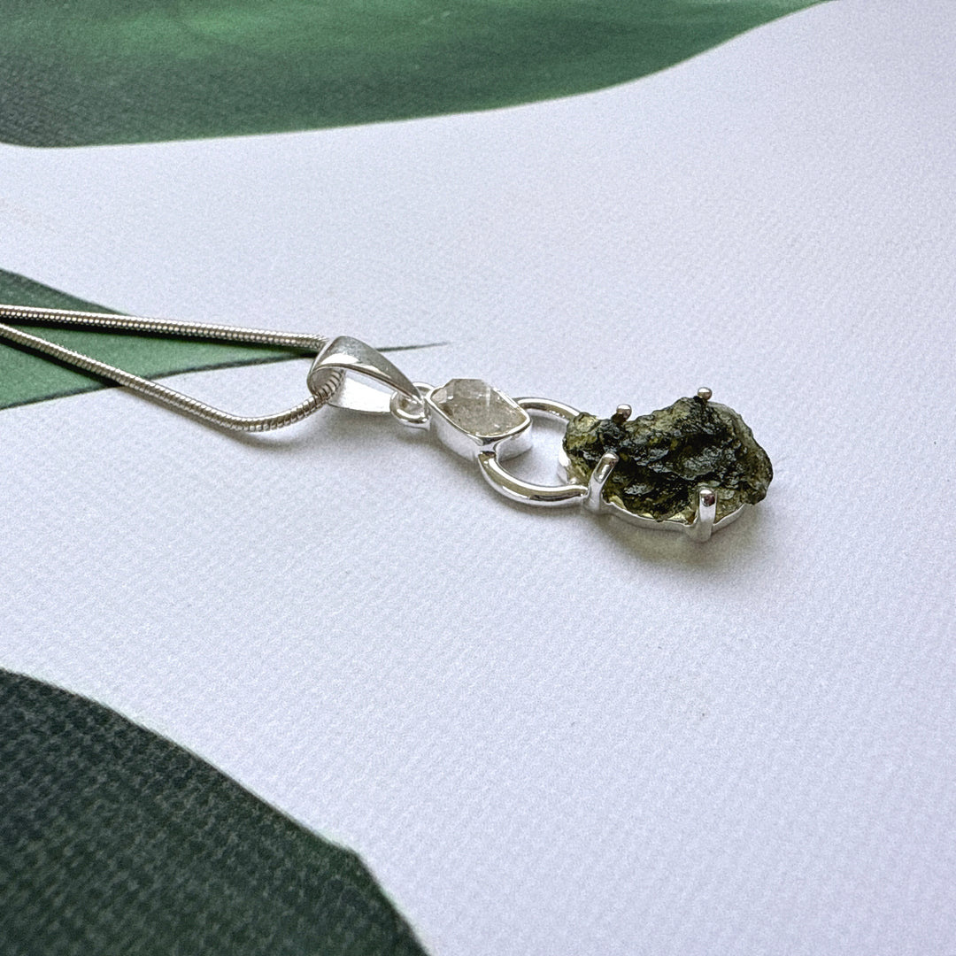 Moldavite & Herkimer Pendant