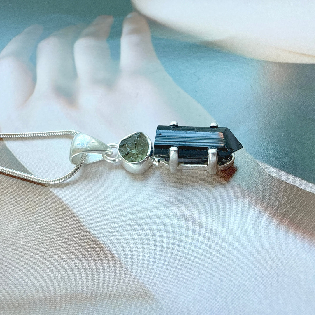 Moldavite & Black Tourmaline Pendant