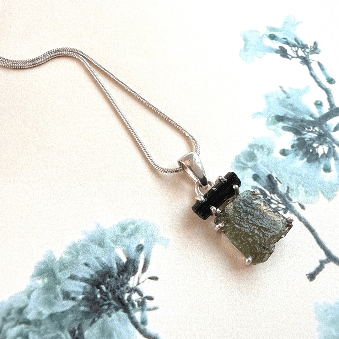 MOLDAVITE & BLACK TOURMALINE PENDANT