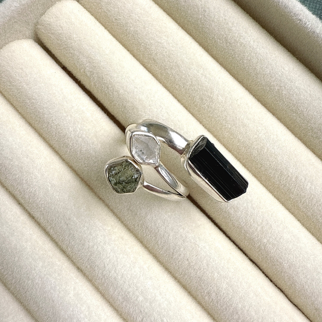 Moldavite, Herkimer & Black Tourmaline Ring
