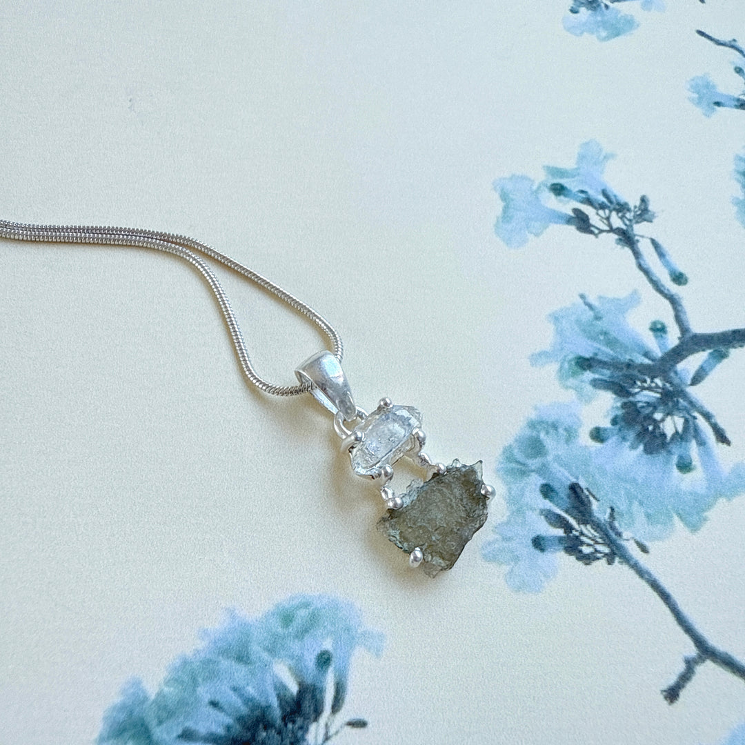 MOLDAVITE & HERKEMIER DIAMOND PENDANT