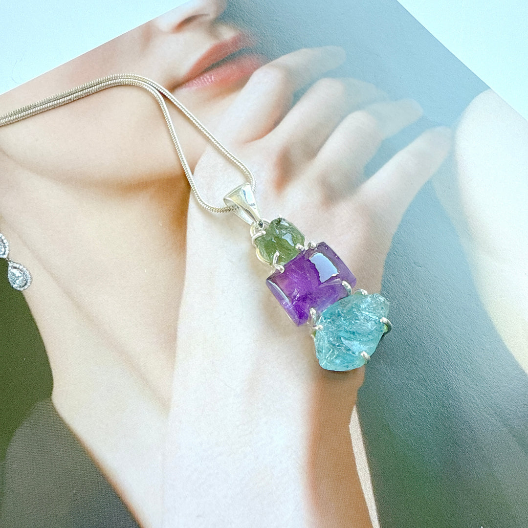 Moldavite,
Amethyst & Neon Blue Apatite Pendant