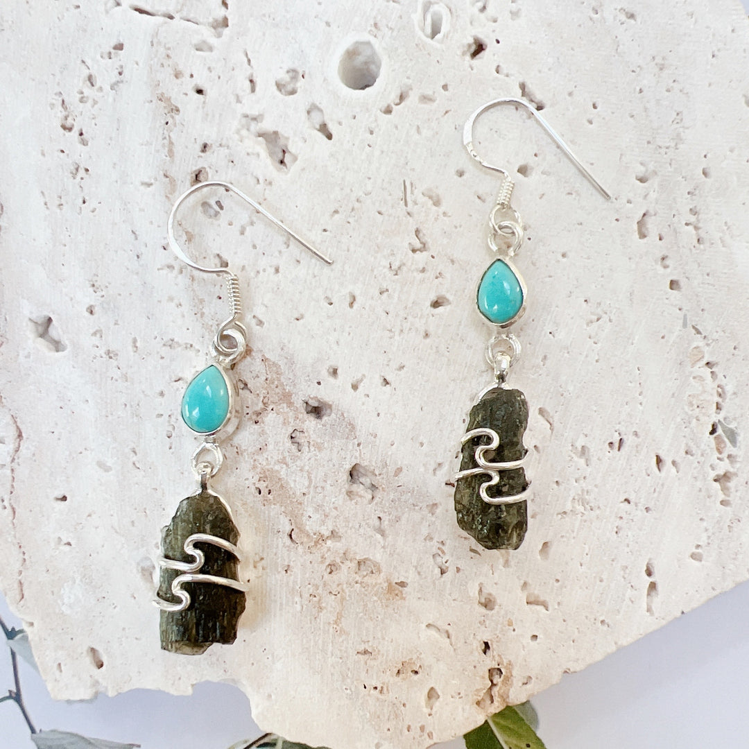 Moldavite & Blue Mohave Tq Silver Earrings