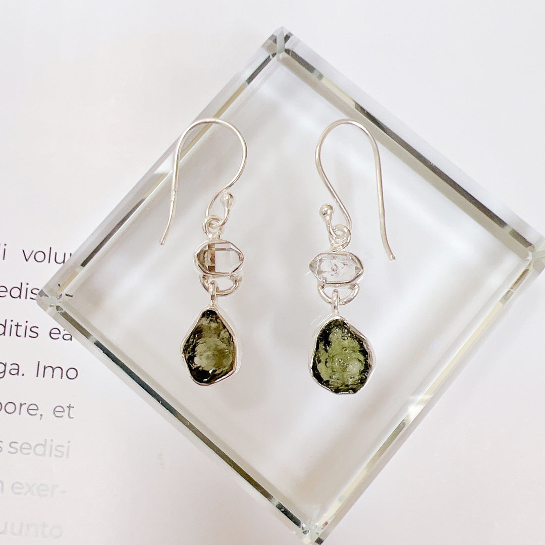 MOLDAVITE & HERKEMIR DIAMOND EARRING