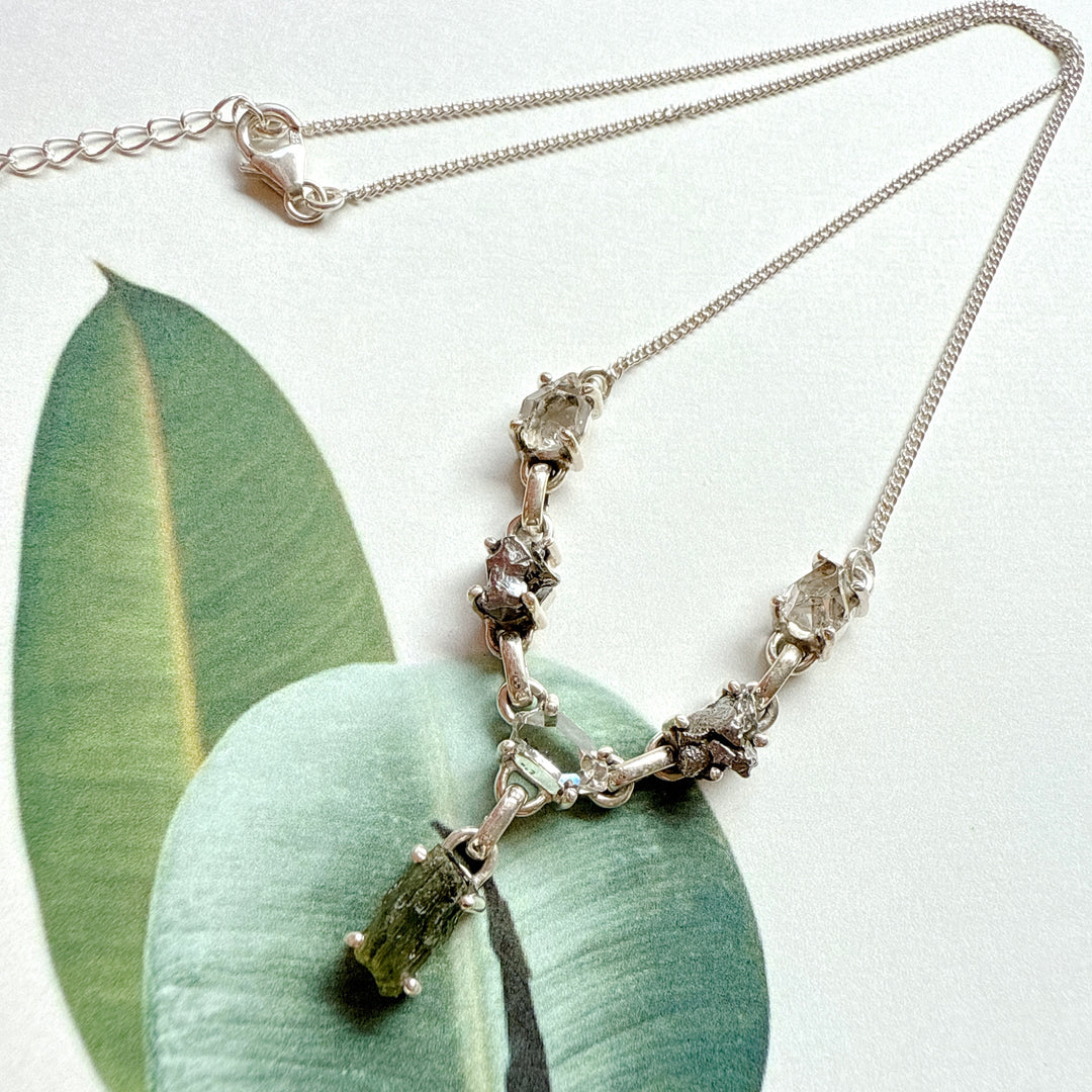 Moldavite, Herkimer Diamond & Meteorite Campo Del Cielo Necklace