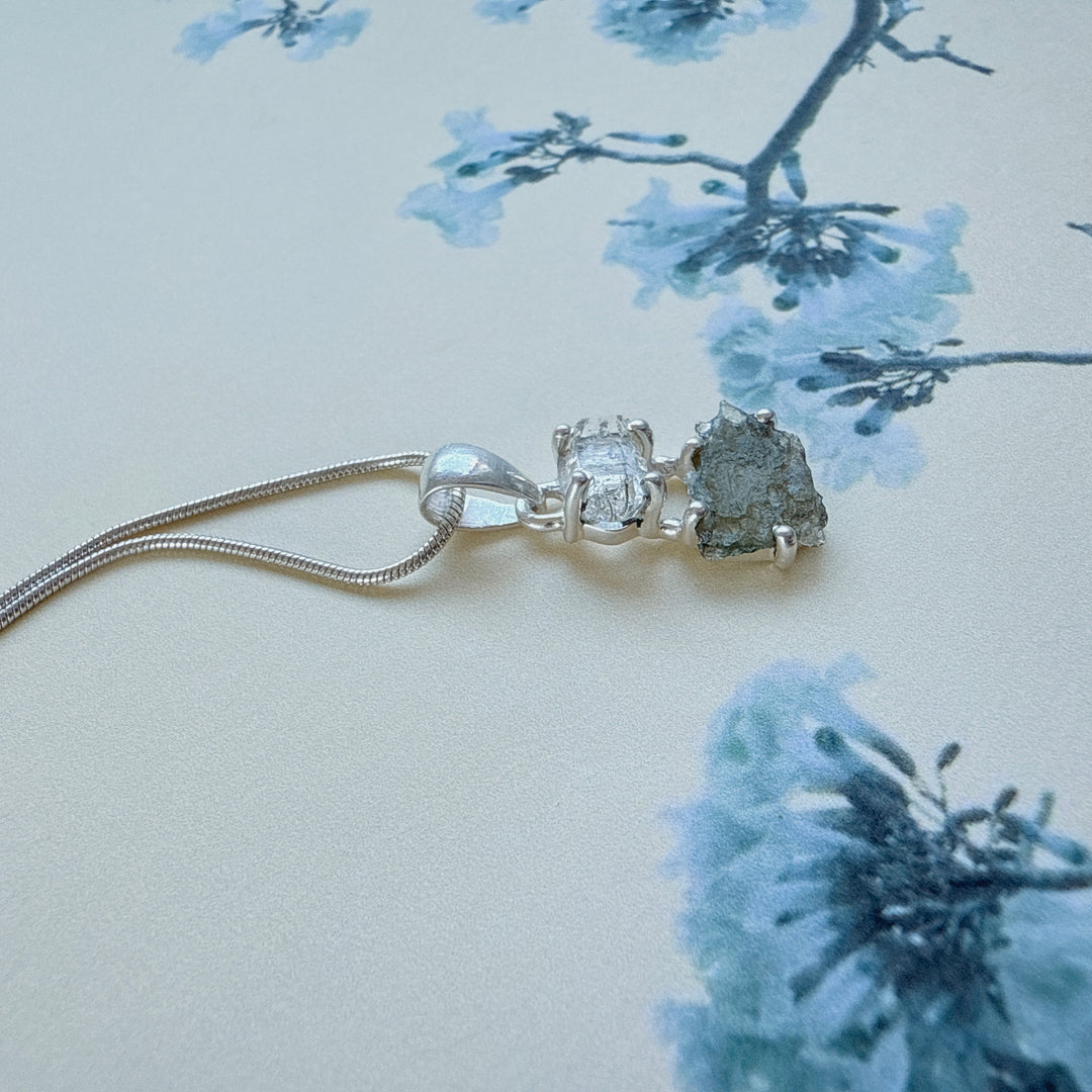 MOLDAVITE & HERKEMIER DIAMOND PENDANT