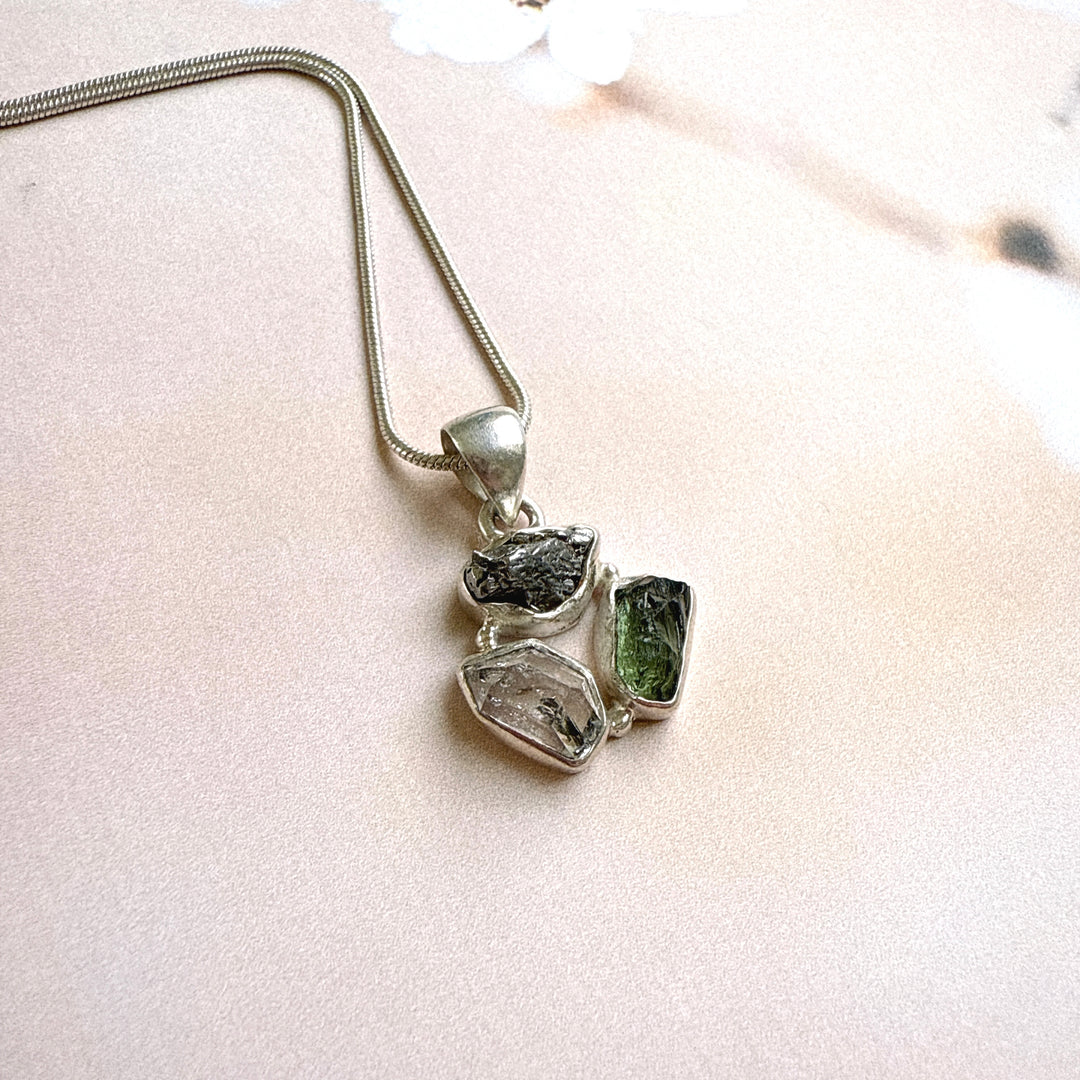 Moldavite, Herkemir Diamond and Campo Del Cielo Pendant