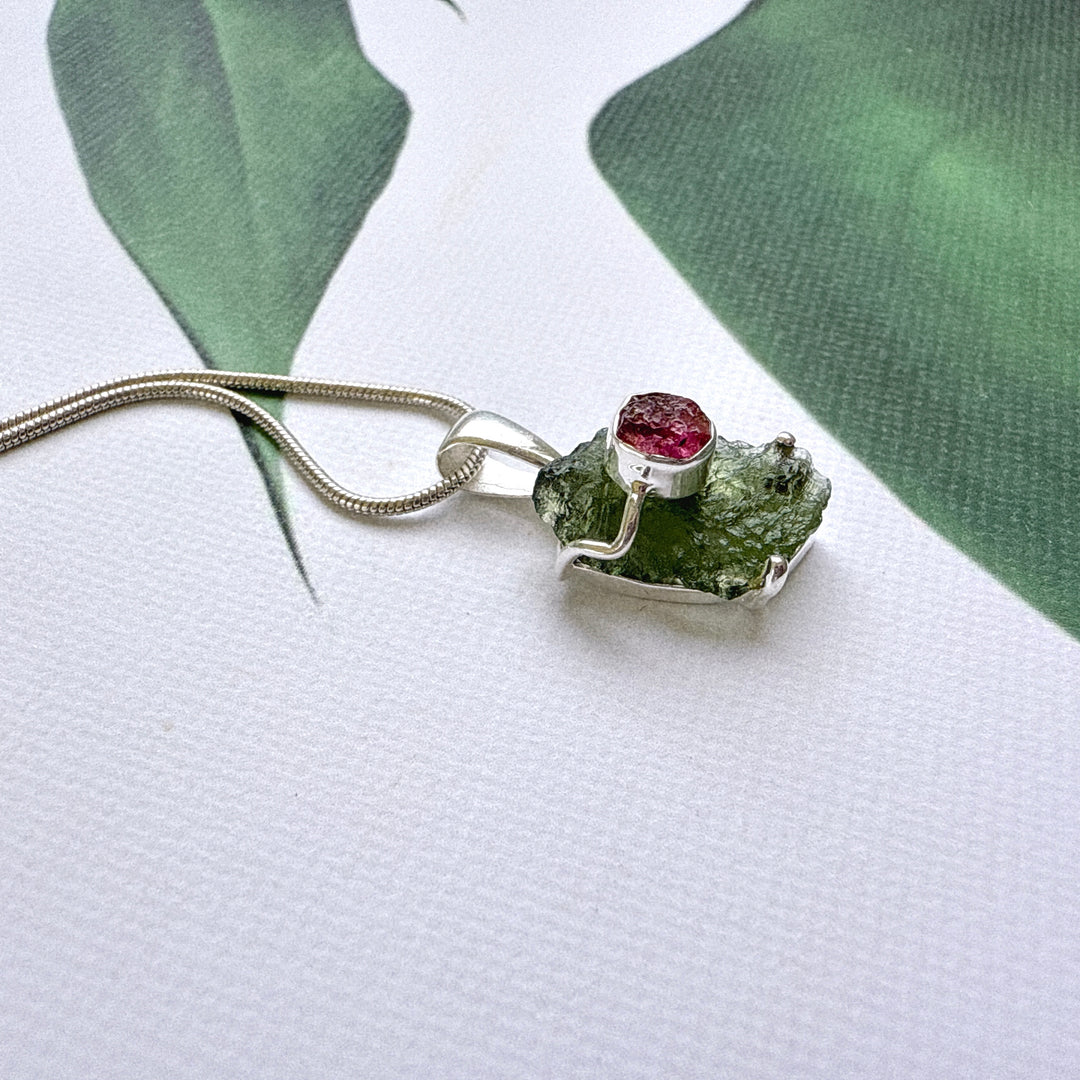 Moldavite & Pink Tourmaline Pendant