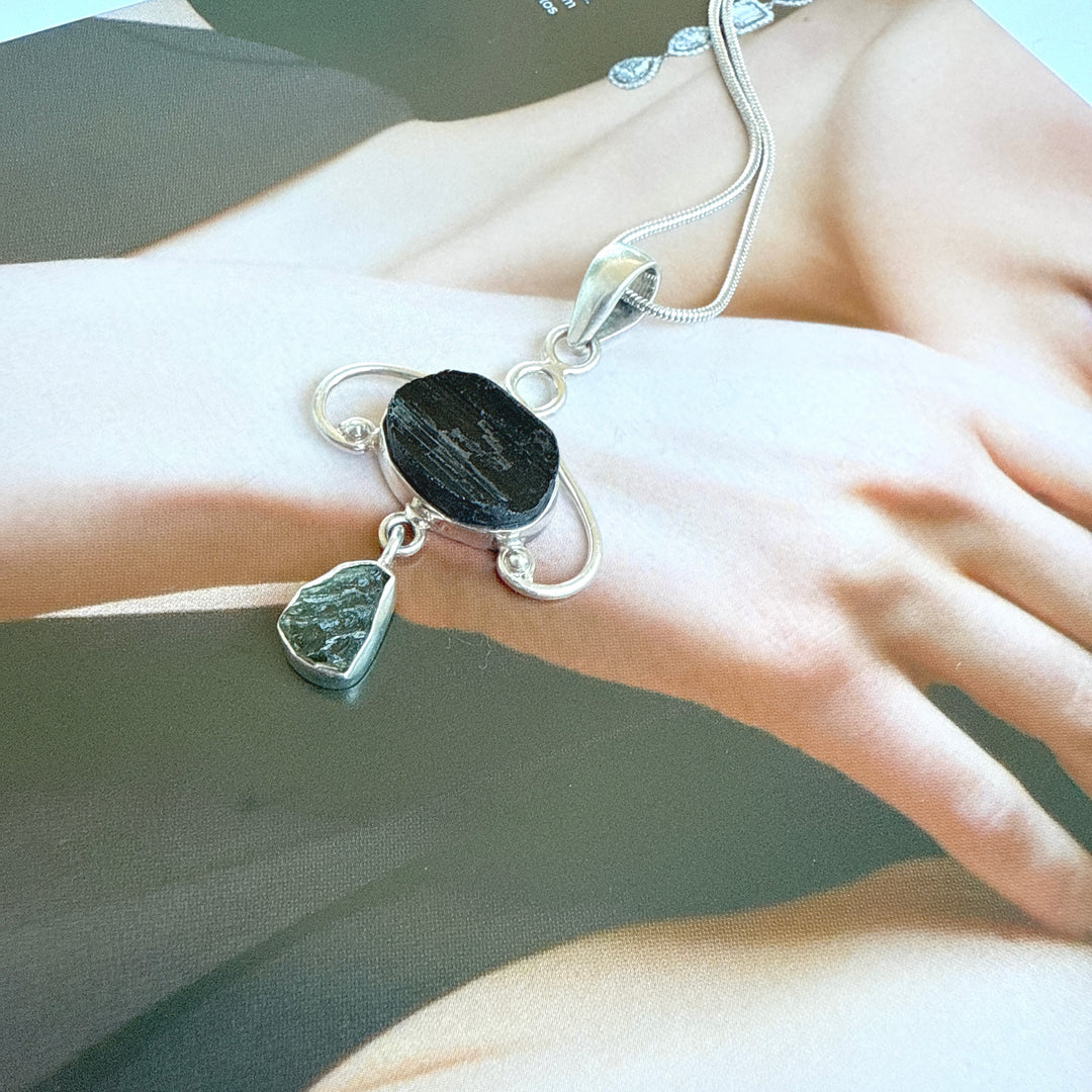 MOLDAVITE & BLACK TOURMALINE PENDANT