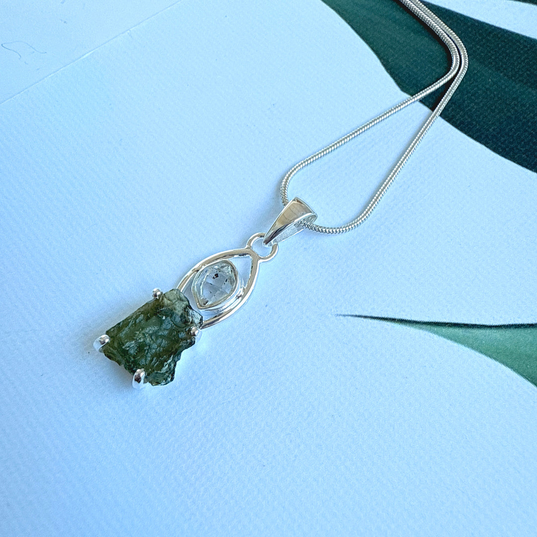 MOLDAVITE & HERKEMIR DIAMOND PENDANT