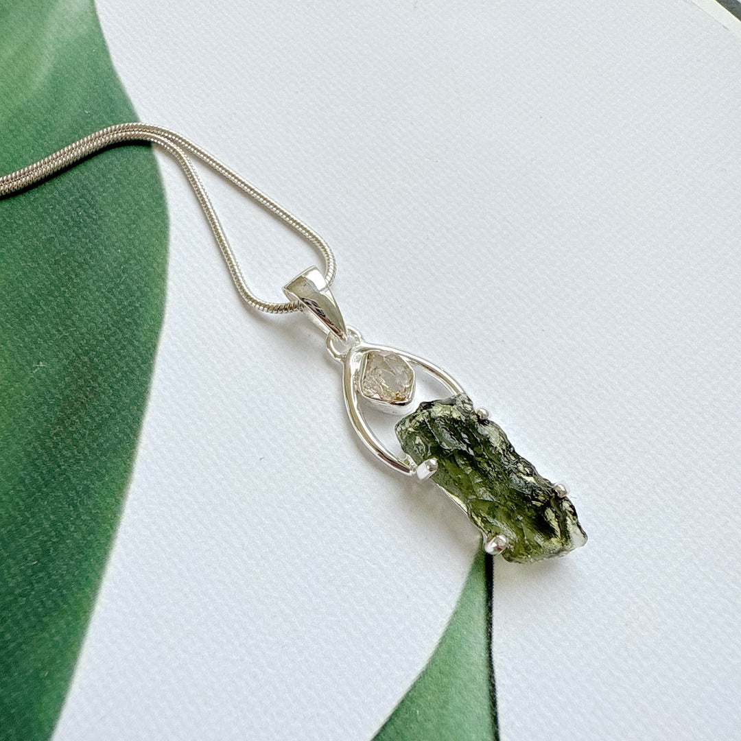 Moldavite & Herkimer Pendant