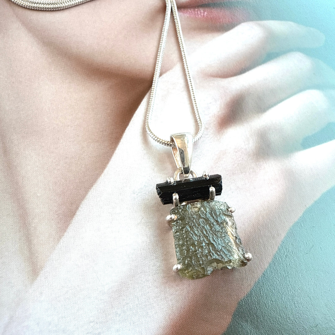 MOLDAVITE & BLACK TOURMALINE PENDANT