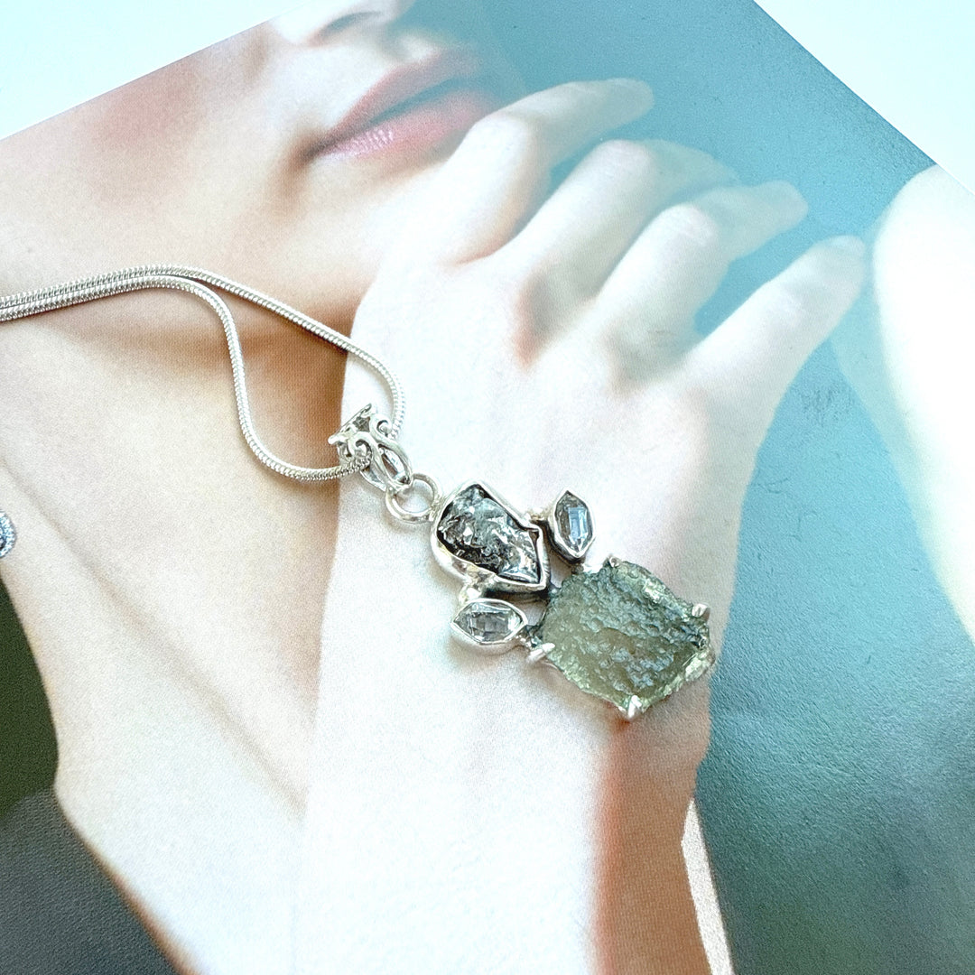MOLDAVITE, HERKIMER DIAMOND, METEORITE CAMPO DEL CIELO PENDANT