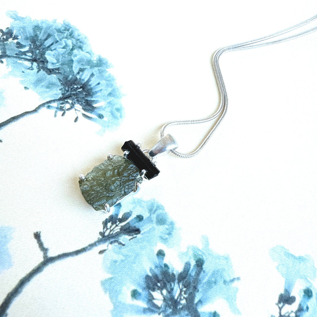 MOLDAVITE & BLACK TOURMALINE PENDANT