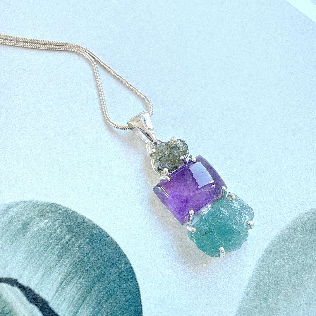 Moldavite,
Amethyst & Neon Blue Apatite Pendant
