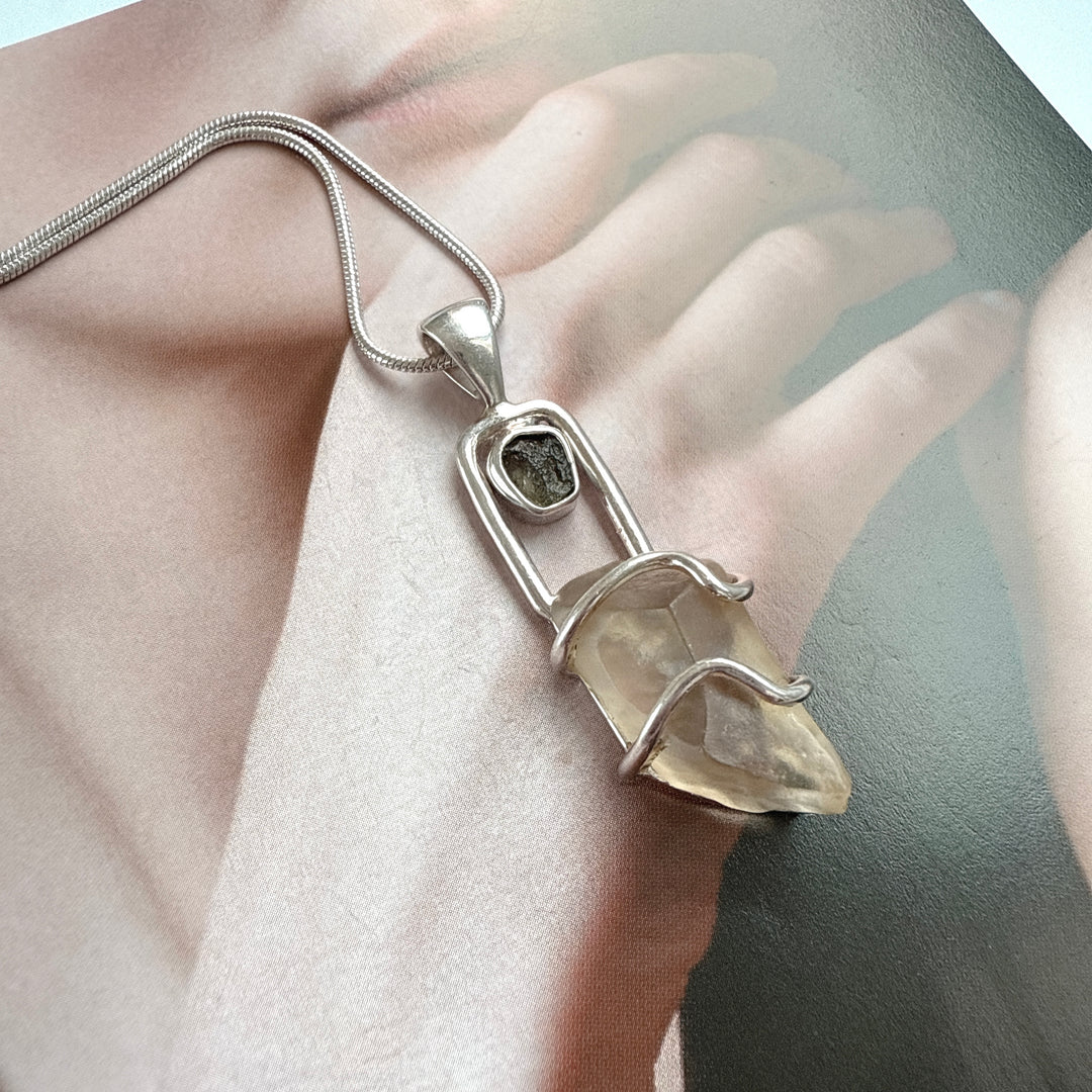 Moldavite and Libyan Desert Pendant