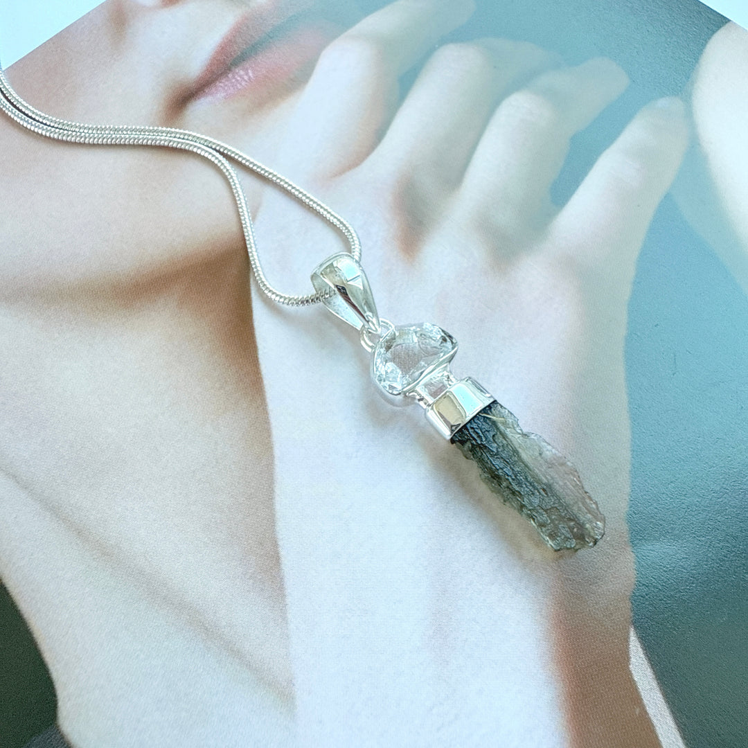 MOLDAVITE & HERKEMIR DIAMOND PENDANT