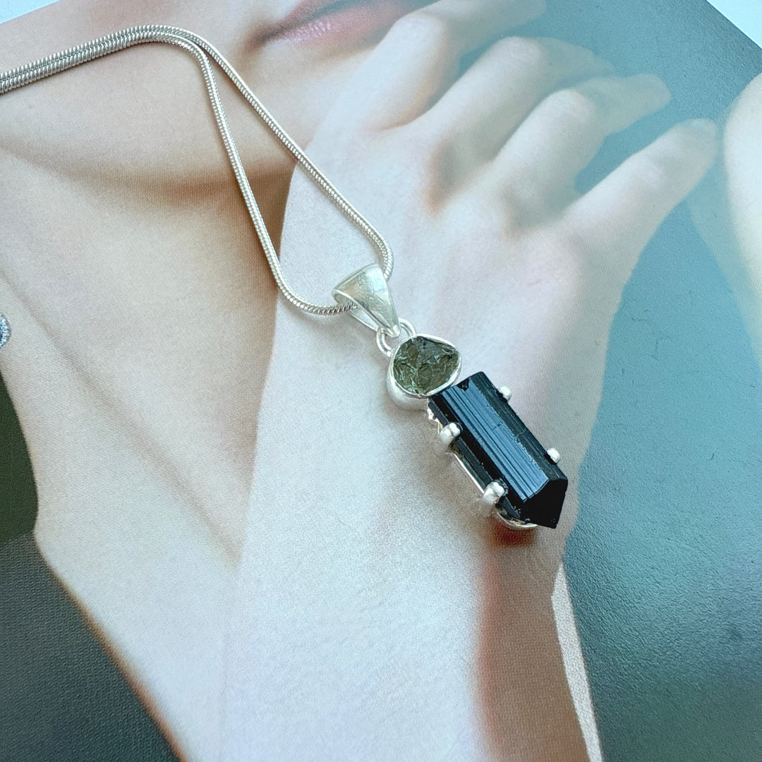Moldavite & Black Tourmaline Pendant
