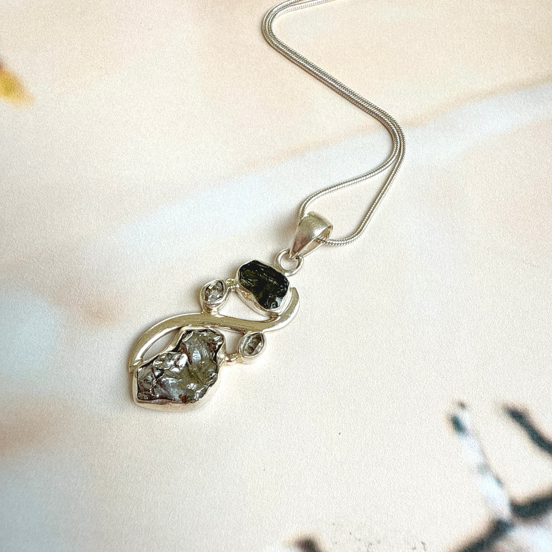 MOLDAVITE, HERKIMER DIAMOND, METEORITE CAMPO DEL CIELO PENDANT