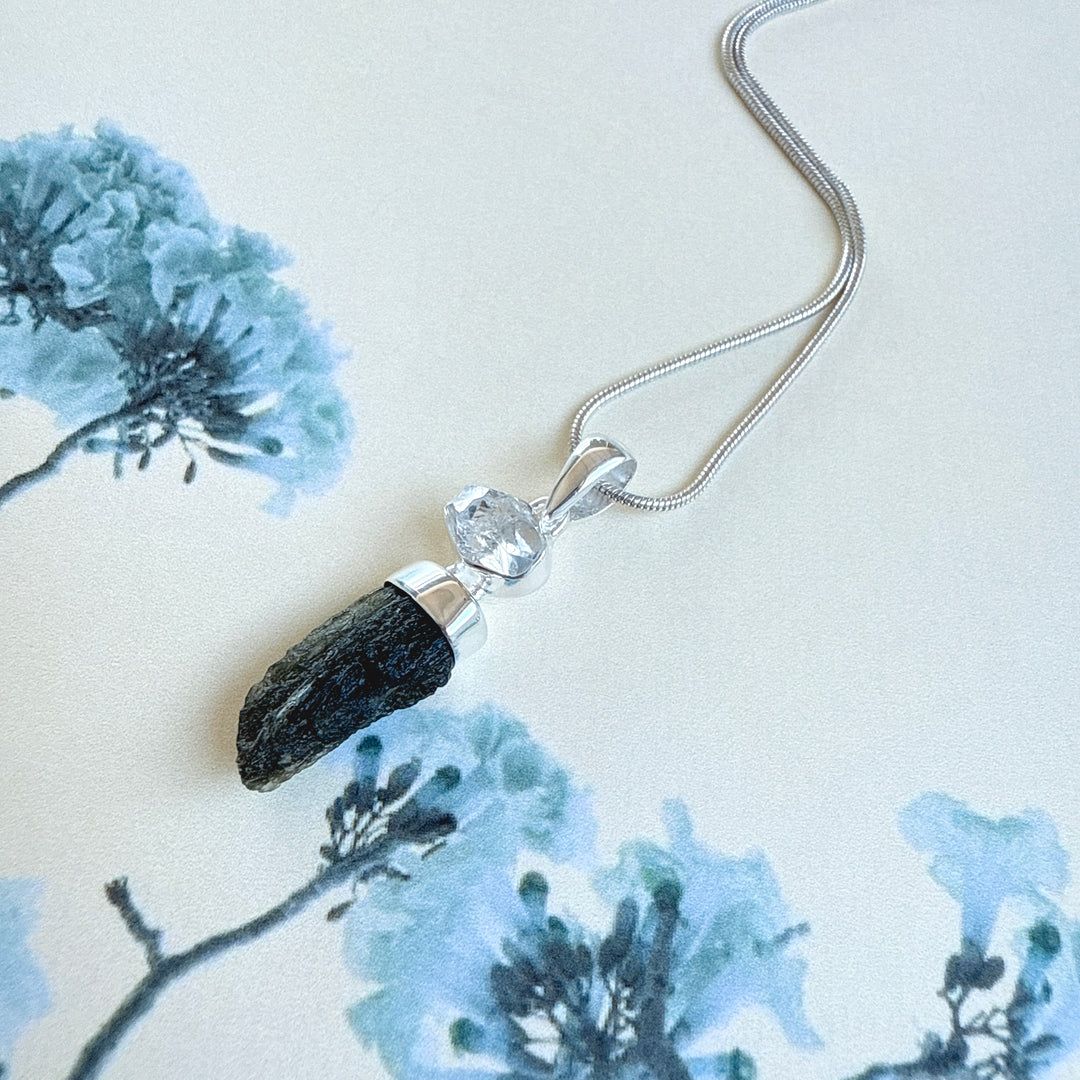 MOLDAVITE & HERKEMIR DIAMOND PENDANT
