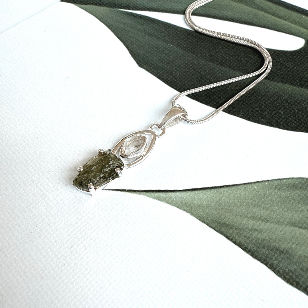MOLDAVITE & HERKEMIER DIAMOND PENDANT