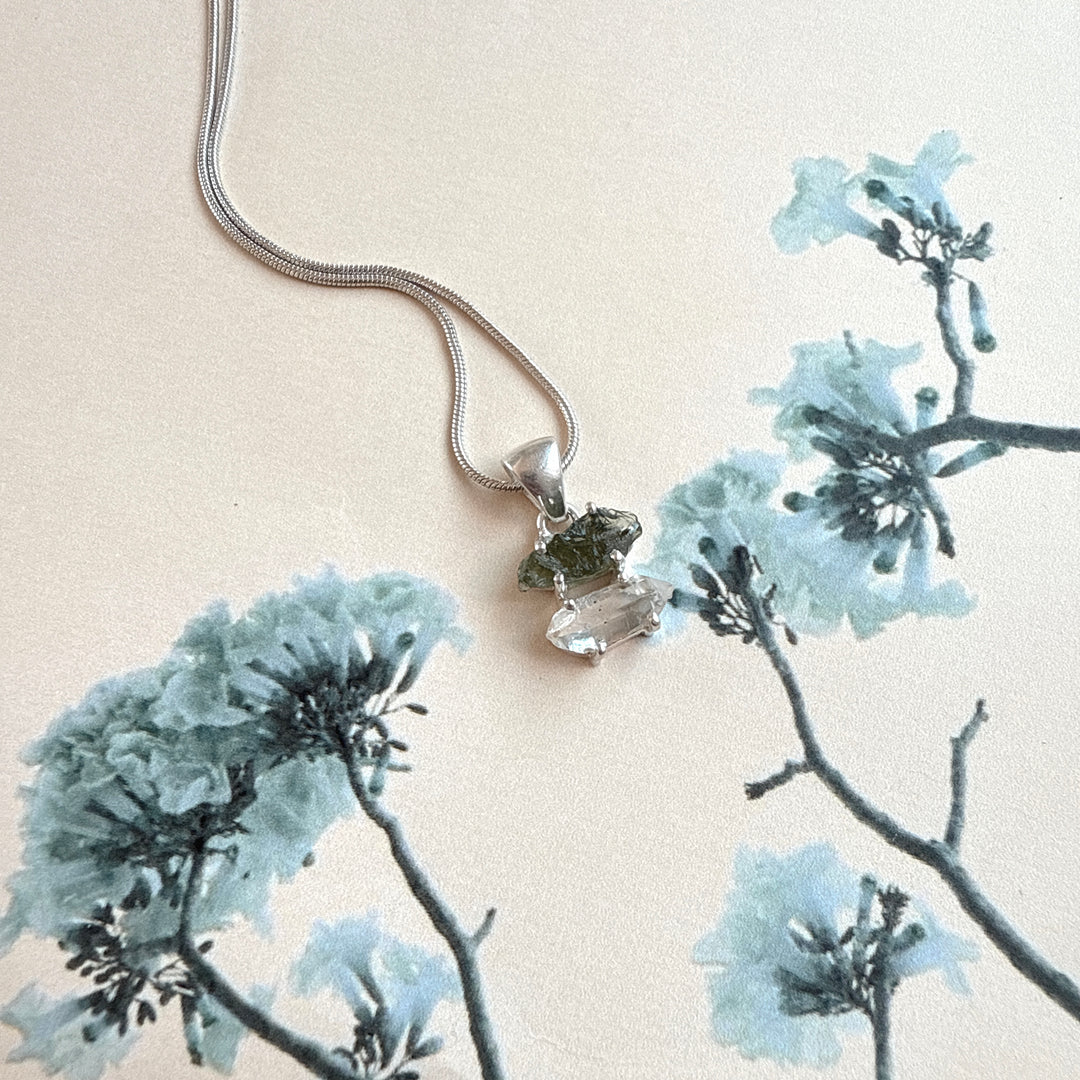 MOLDAVITE & HERKEMIER DIAMOND PENDANT